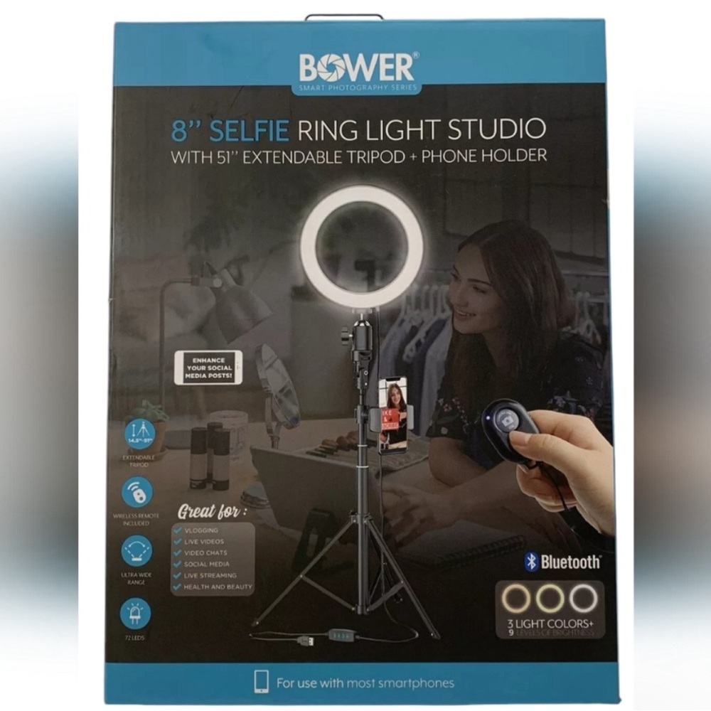 Bower Smart Ring Light 8" with 51'"' Extendable Base Bluetooth Capacities NIB